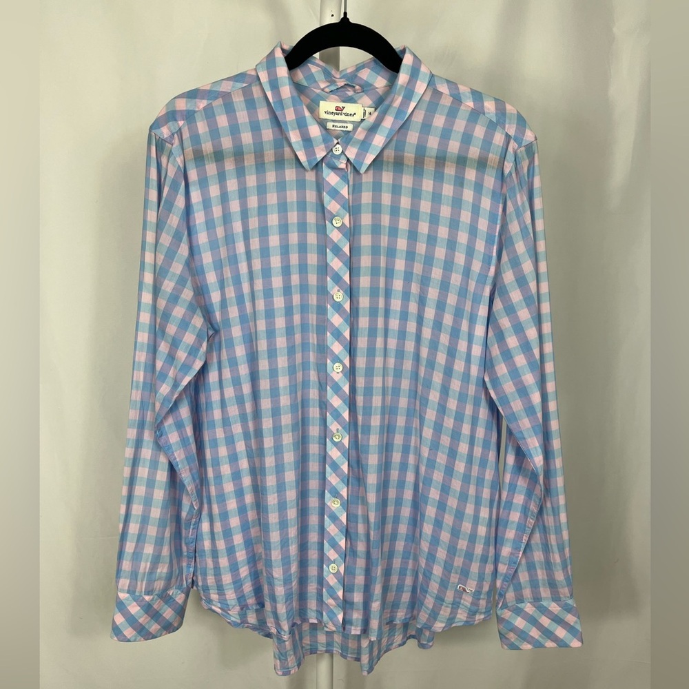 Simply Southern Women’s Plaid Blue and Pink Button Up Shirt Size 14